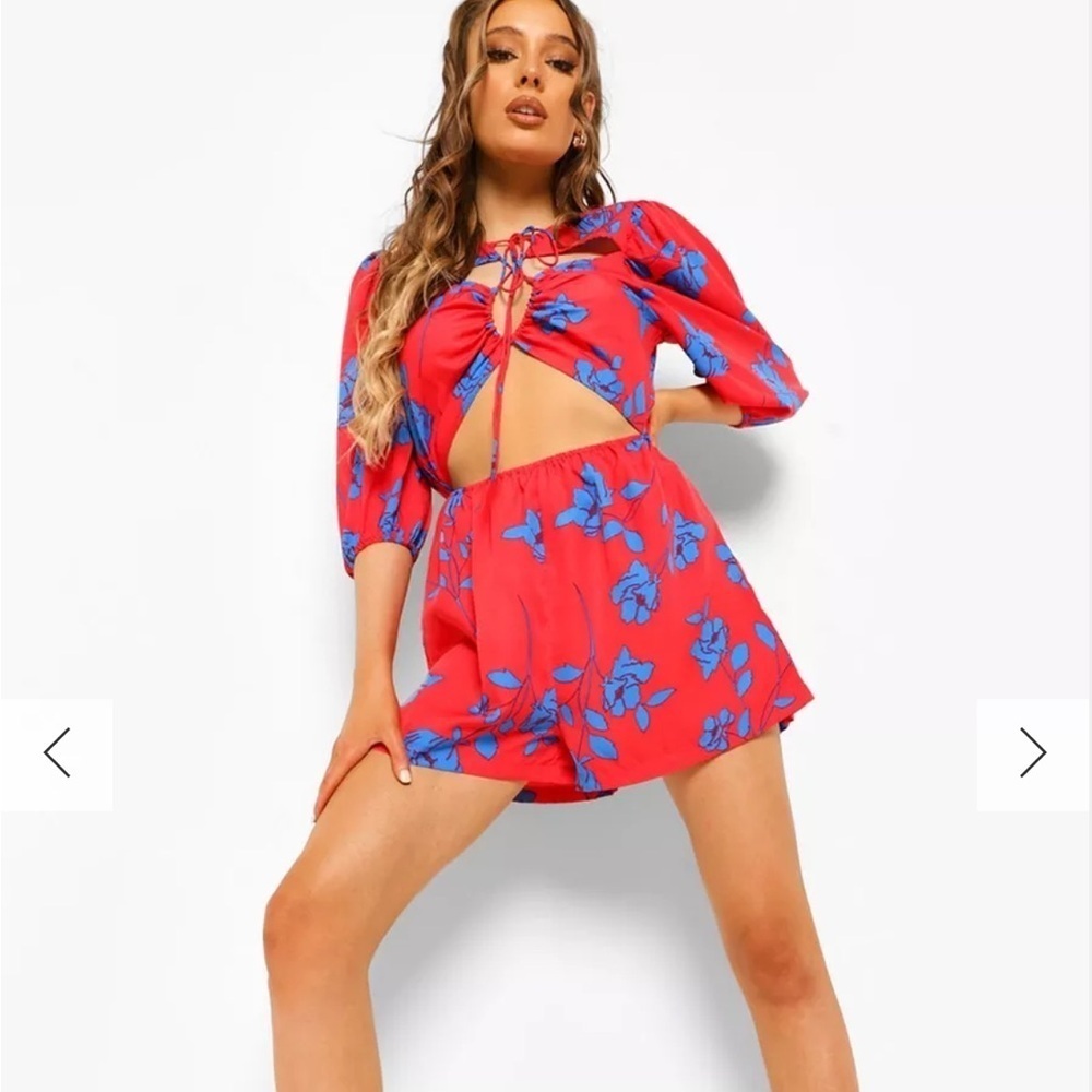 Boohoo Floral Lace Up Playsuit Red Floral Size 6